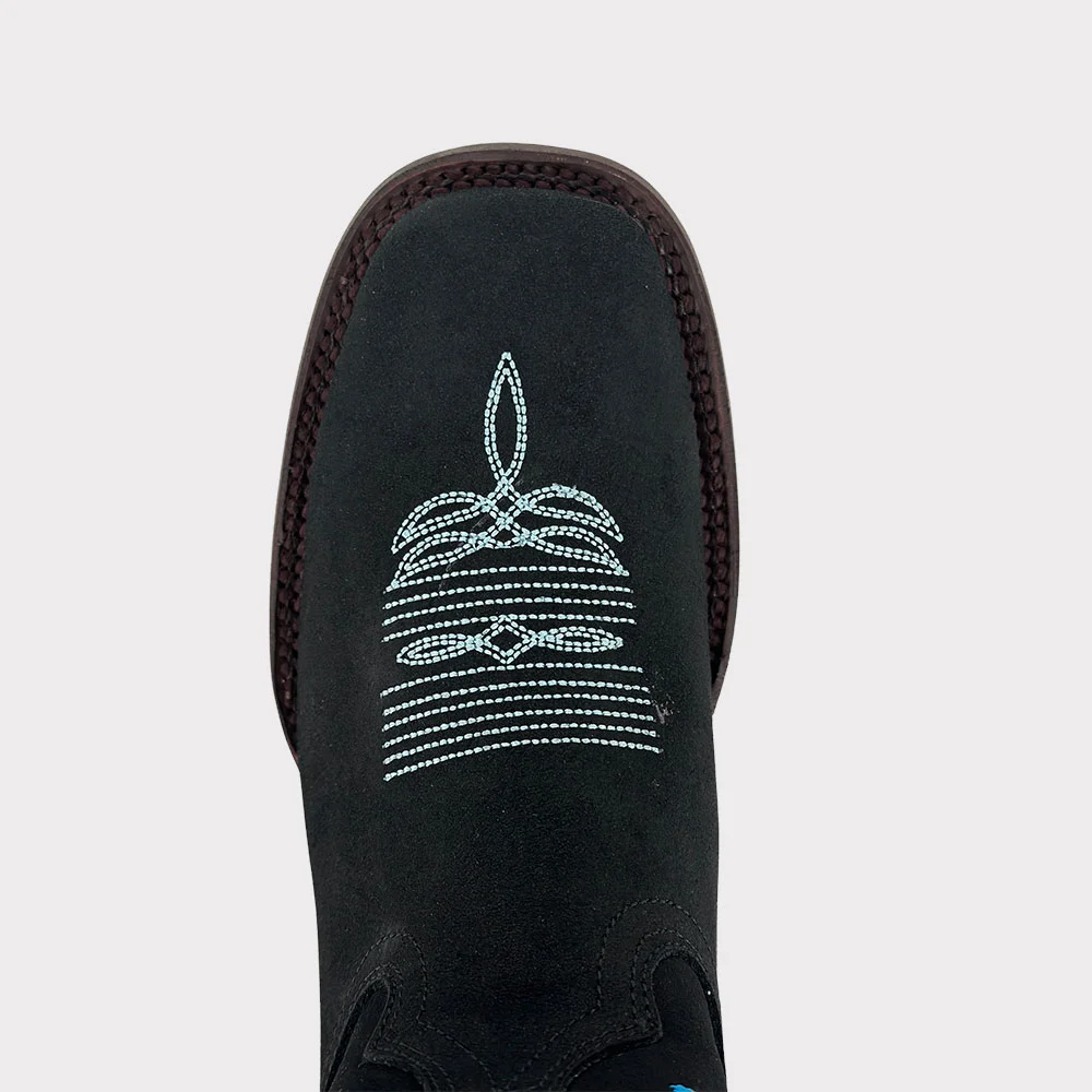 Black & Blue Square Toe Butterfly Embroidered Pull On Cowgirl Boots