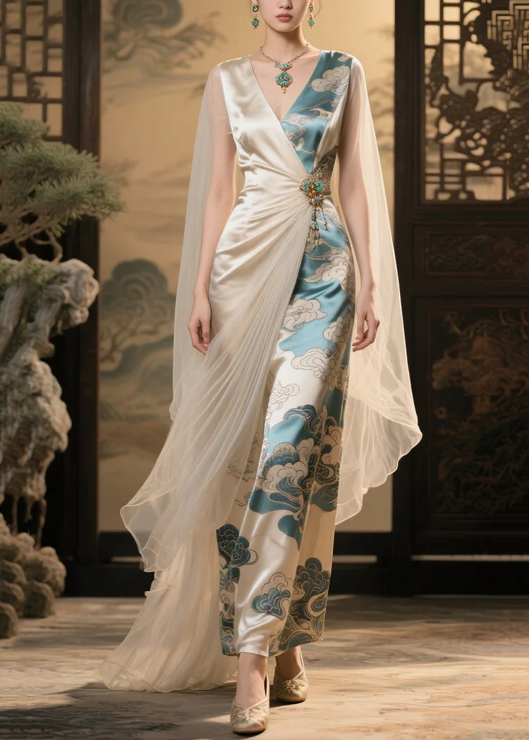 Italian Champagne Print Asymmetrical Patchwork Tulle Party Dress Summer