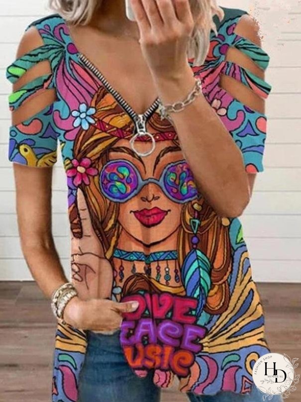 Beauty Image V-Neck Zipper Cutout Short Sleeve T-Shirt