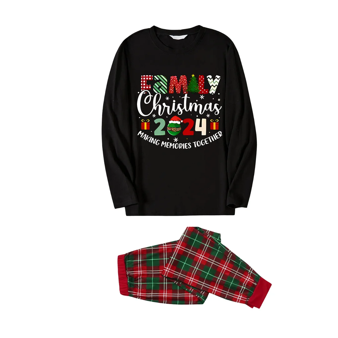 "Family Christmas 2024 Making Memories Together" Text Printed Red and Green Plaid Family Matching Pajama