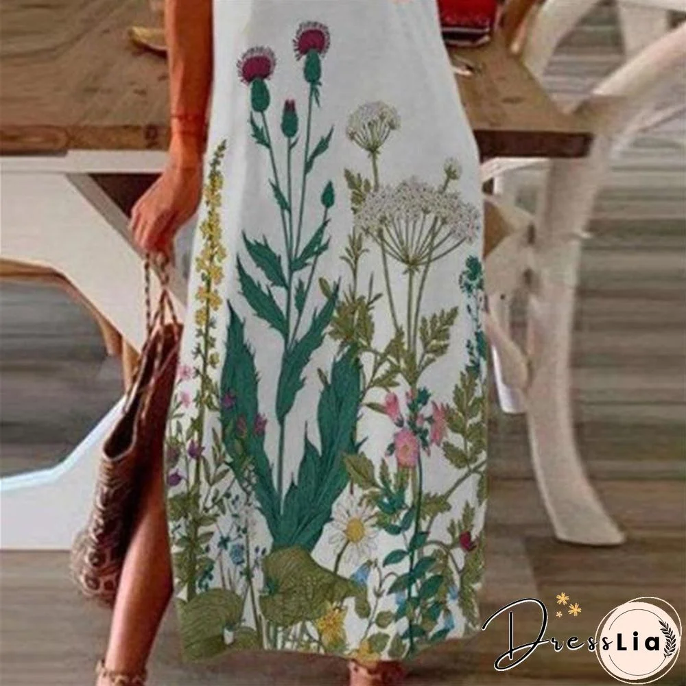 White Short Sleeve Plants Printed Women Long Dress