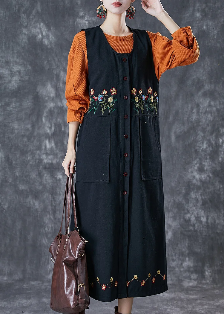 Bohemian Black Embroideried Pockets Cotton Two Pieces Set Spring