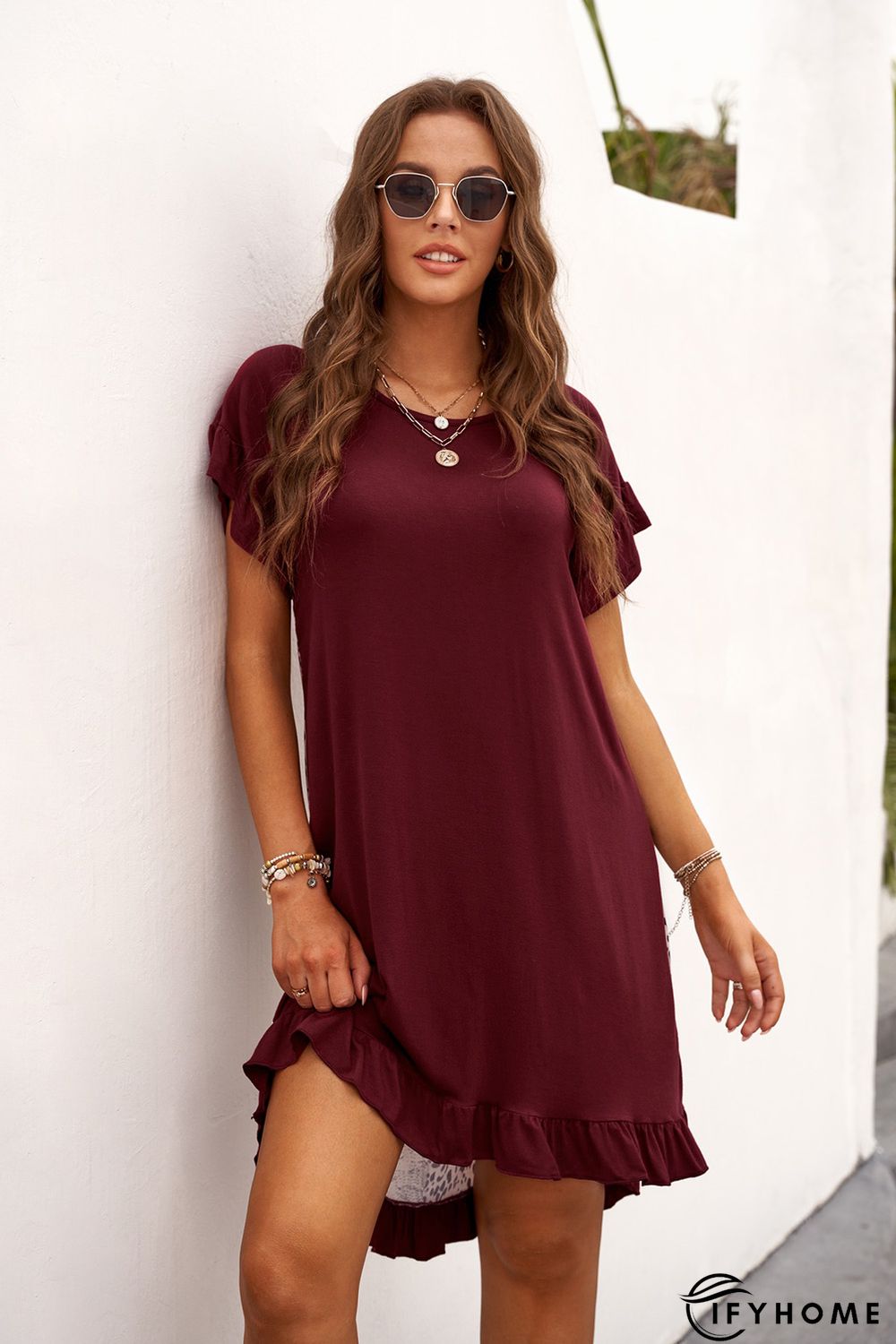 Wine Flounce Design Leopard Printed Short Sleeve Mini Dress | IFYHOME