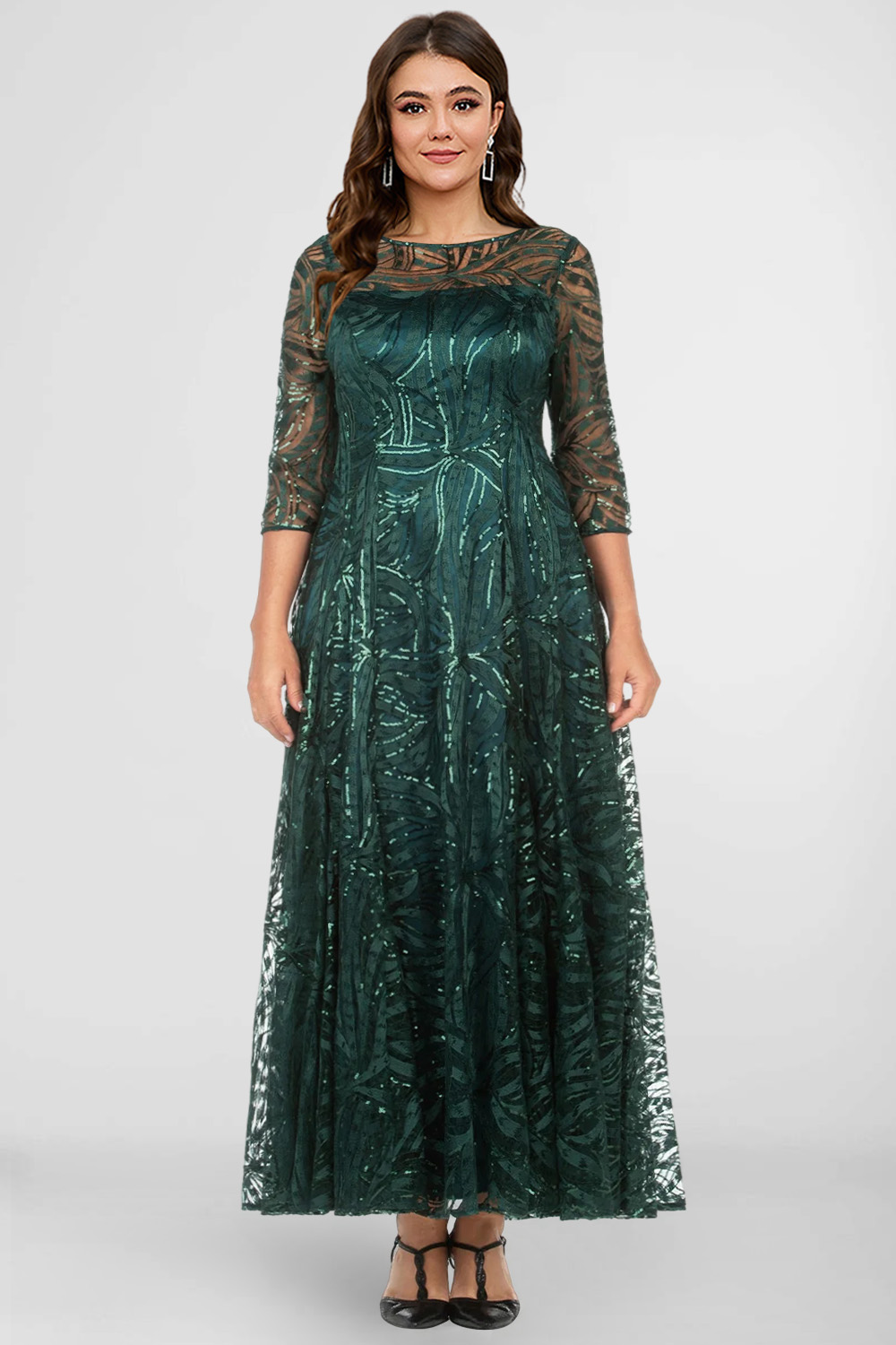 Flycurvy Plus Size Wedding Guest Dark Green Embroidery Sparkly 3/4 Sleeve Maxi Dress