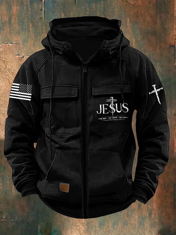 Men's Vintage Jesus The Way The Truth The Life Print Multi-Pocket Jacket
