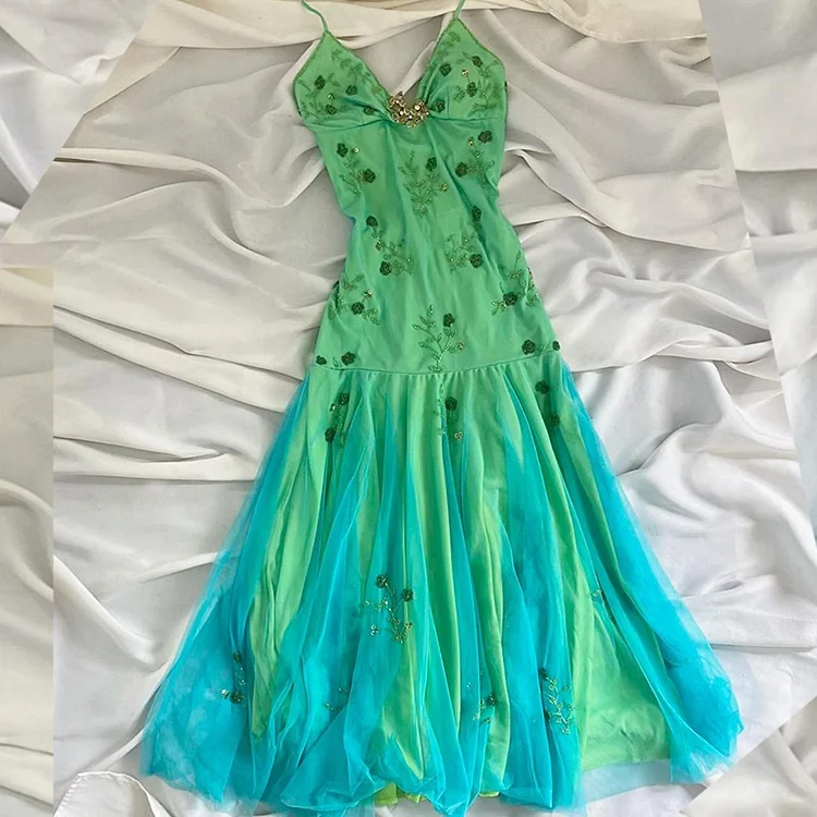 Blue Green Forest Moonlight Goddess Backless Mermaid Style Beading Elegant Long Chiffon Birthday Dress Prom Dress Party Dress Homecoming Dress
