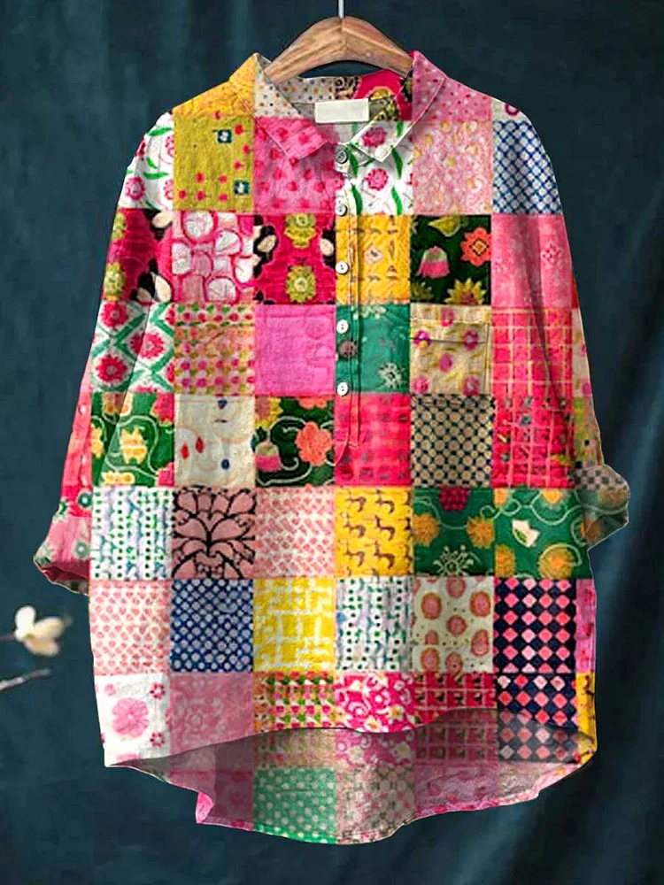 Women s Retro Geometry Casual Cotton And Linen Shirt
