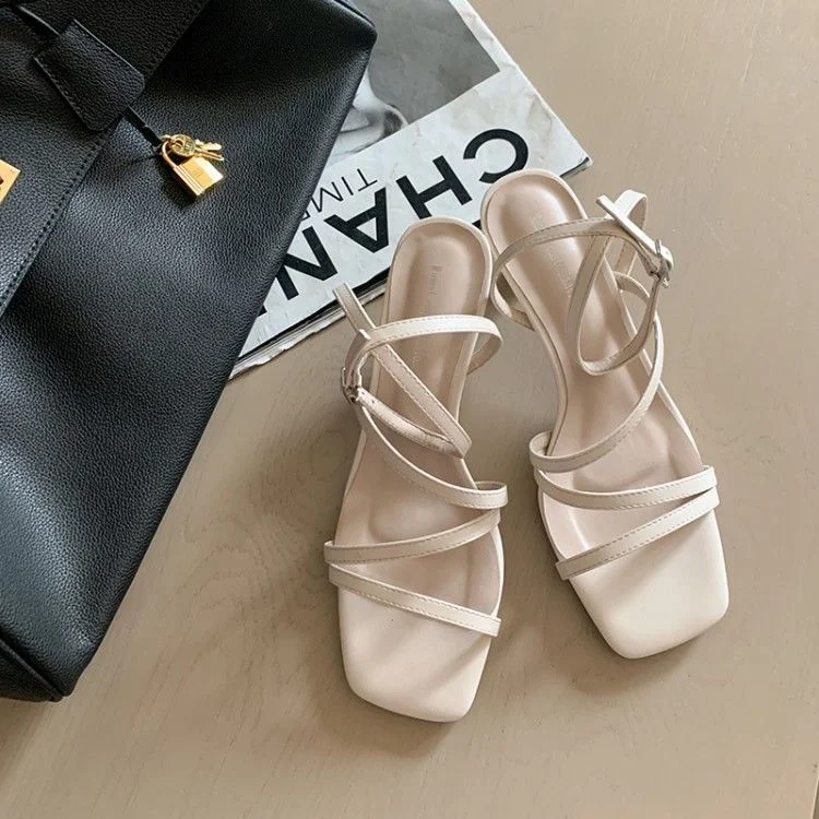 Lourdasprec Women's New Fashion Sandals Summer Buckle Belt Ladies High Heels Square Toe Sexy And Comfortable Word With Open Toe Roman Shoes