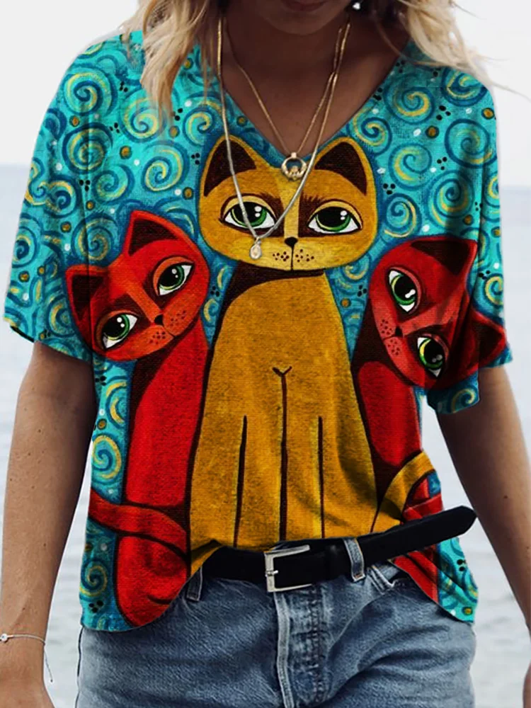 Unique Cats Art V Neck T Shirt