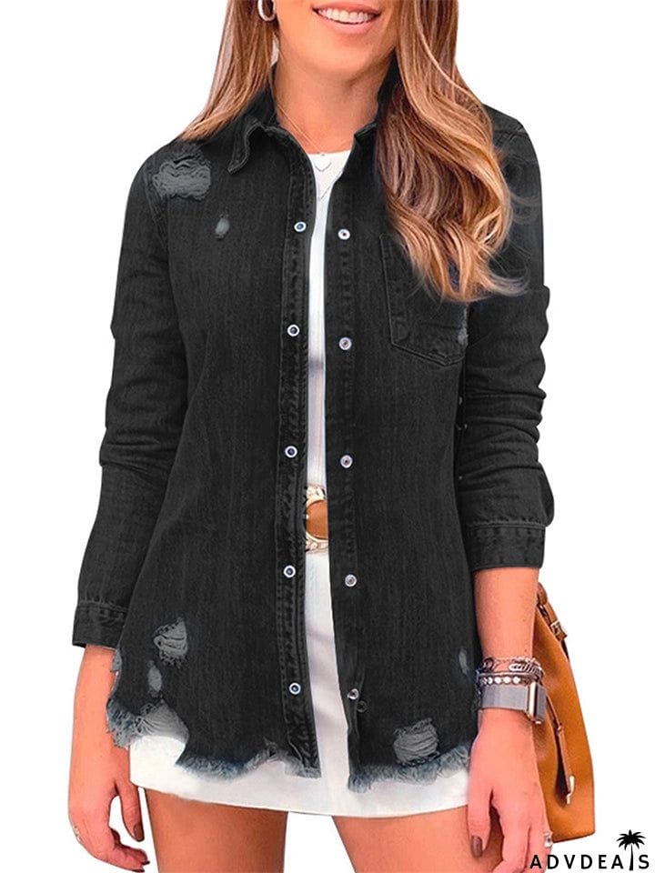 Cozy Ripped Frayed Hem Distressed Casual Womens Denim Jacket