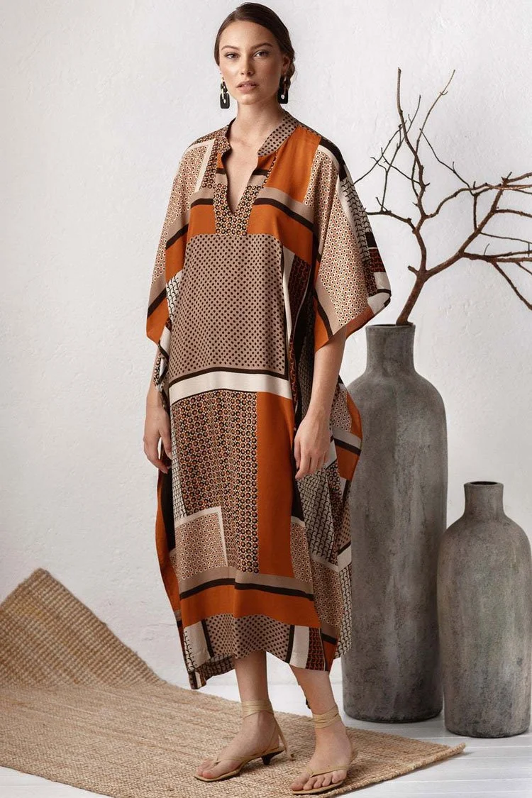 Patchwork Batwing Sleeve V Neck Maxi Caftan Cover Up-elleschic