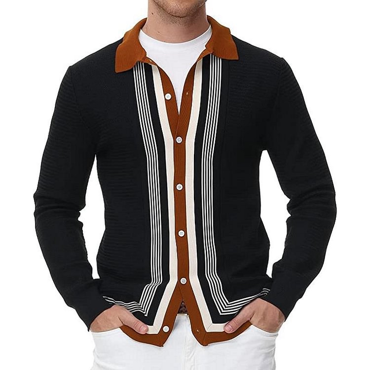 BrosWear Men's Colorblock Jacquard Long Sleeve Polo Shirt