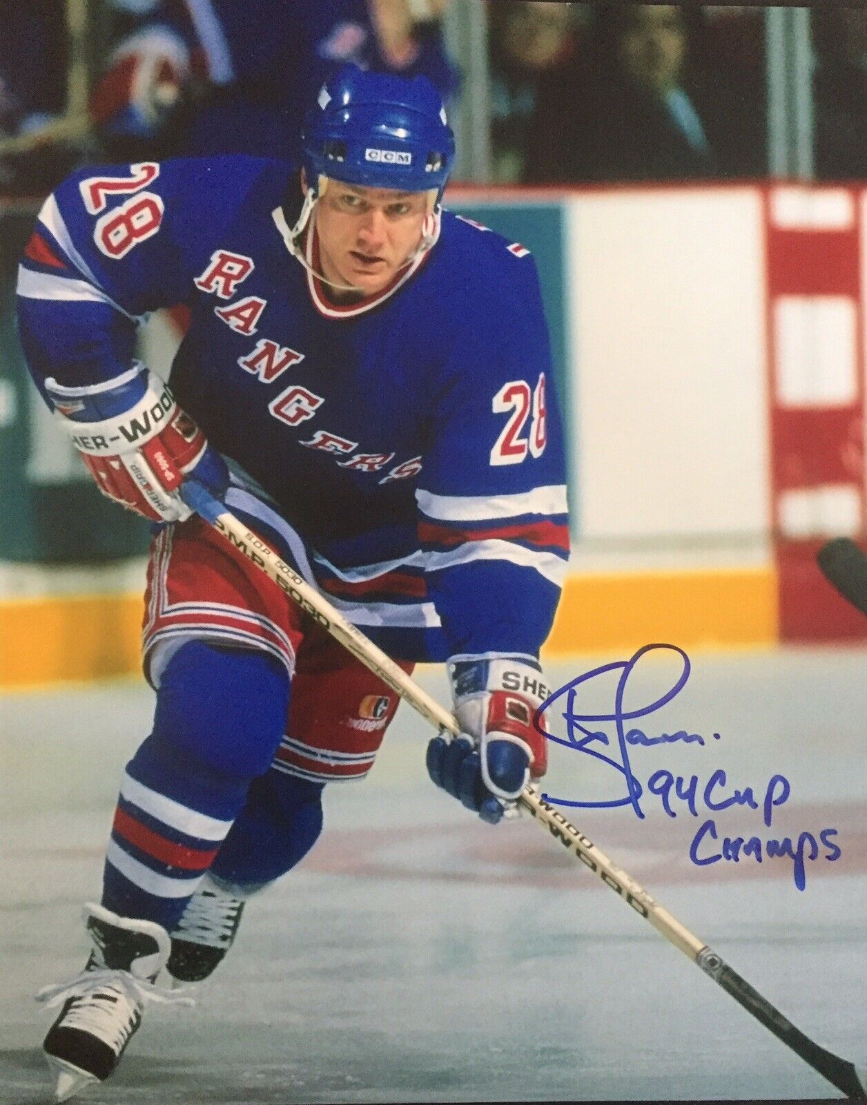 Steve Larmer Signed New York Rangers 8x10 Photo Poster painting With 94 Cup Champs Inscription