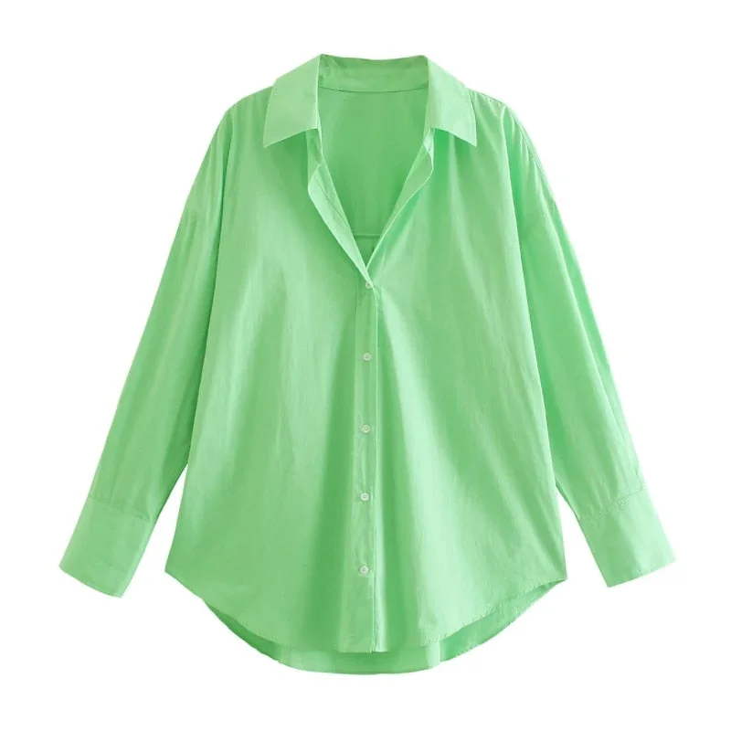 Fashion Women Green Poplin Oversized Shirt Female Turndown Collar Long Sleeve Blouse Casual Lady Loose Tops Blusas S9087