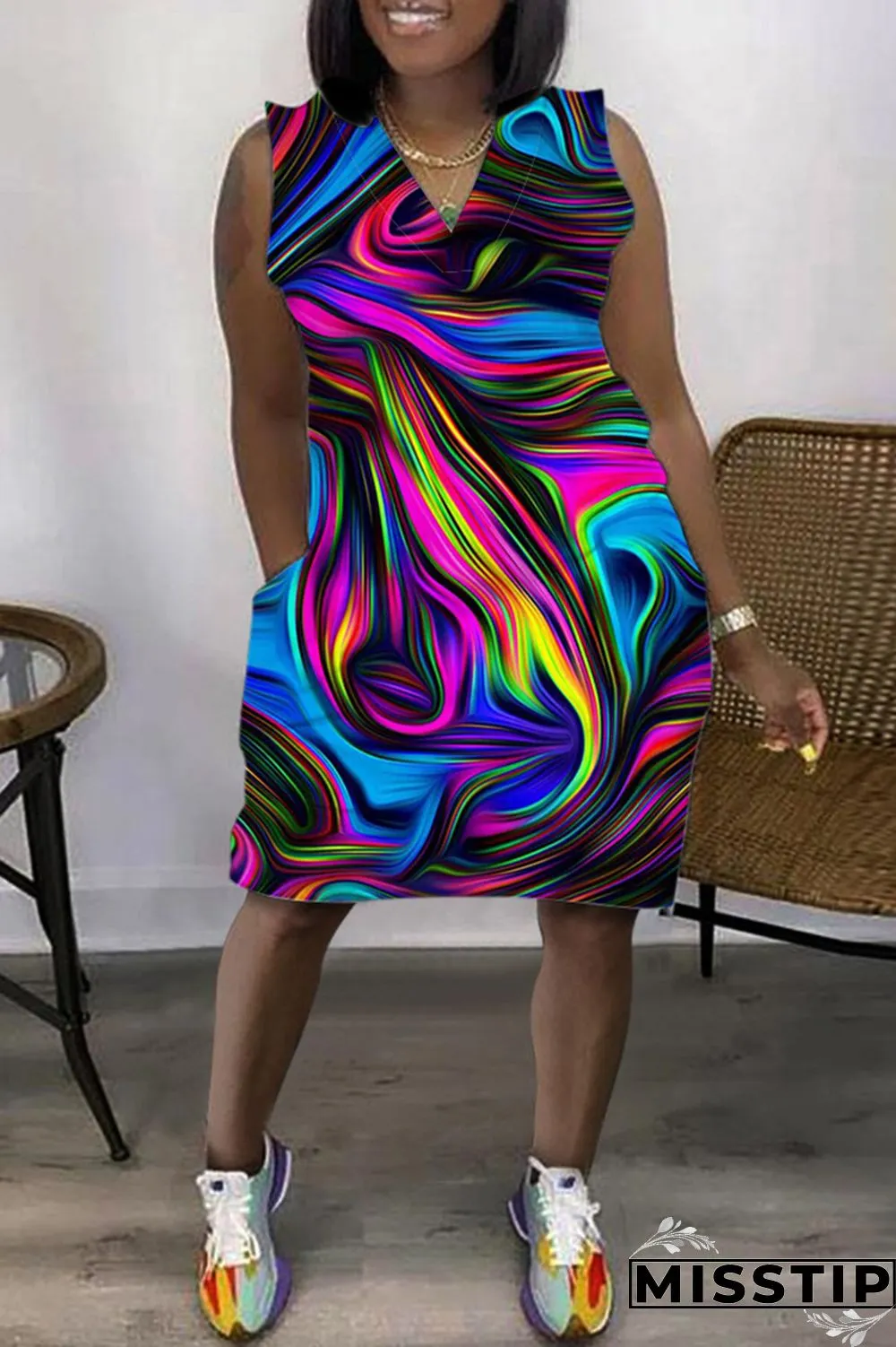 Purple Casual Print Patchwork V Neck Sleeveless Dress Dresses