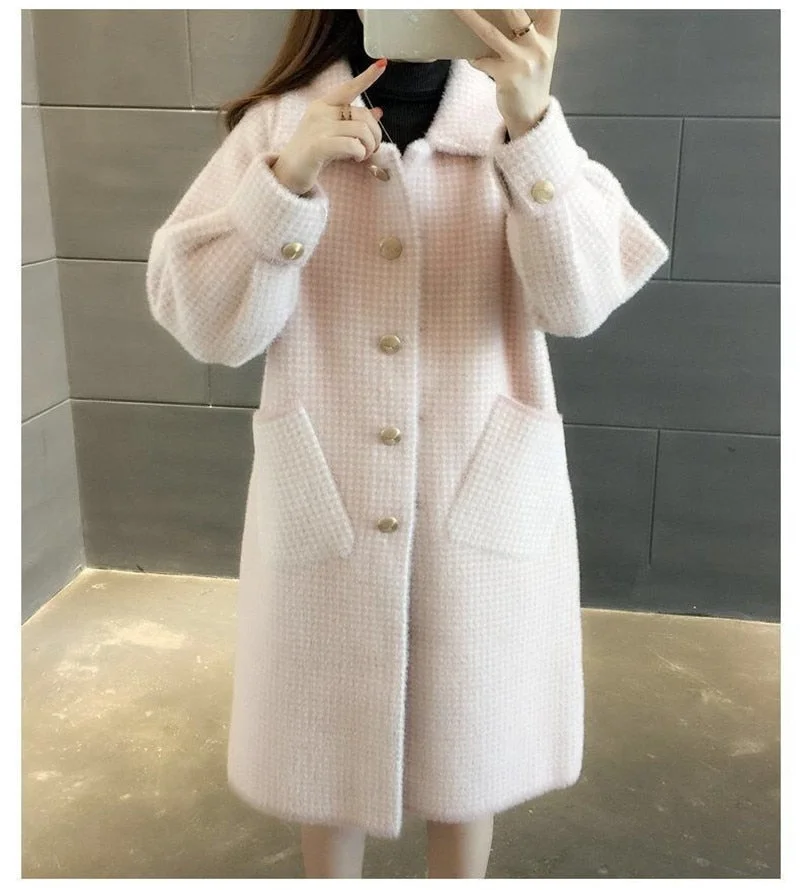 2021 Women's Imitation Mink Fleece Autumn Winter Coat Plus Size Plaid Knitted Cardigan Loose Mid-Length Woolen Jackets KW1060