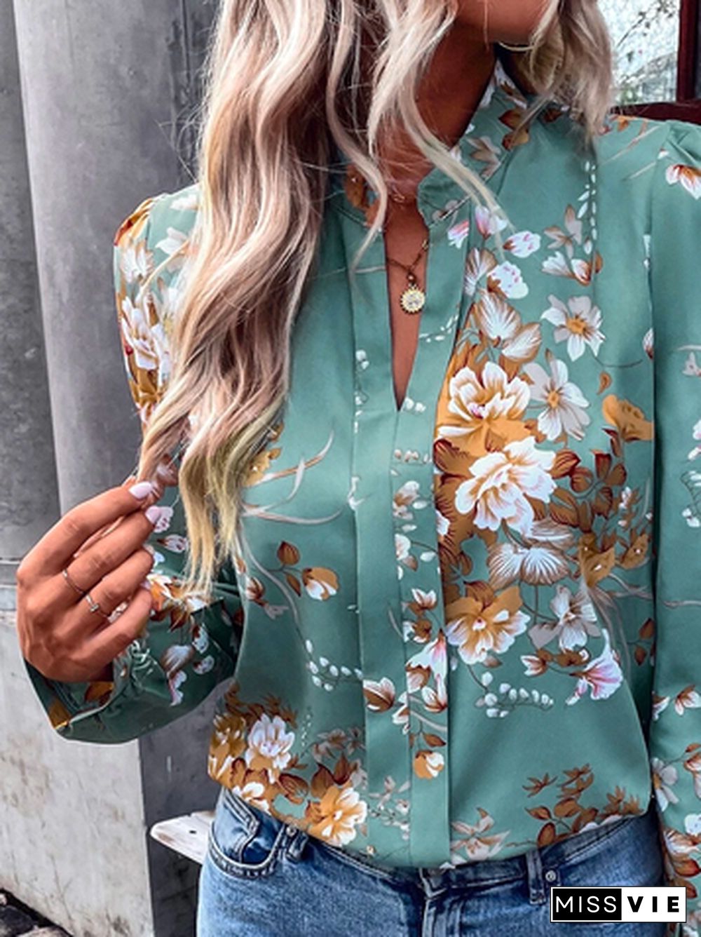Floral Casual V Neck Tops