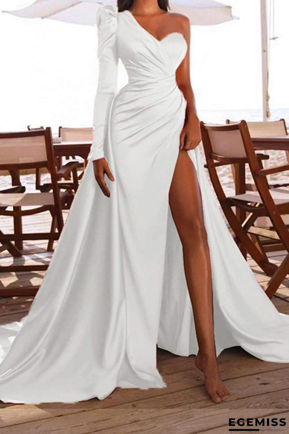 White Elegant Print Patchwork Asymmetrical Asymmetrical Collar Evening Dress Dresses | EGEMISS