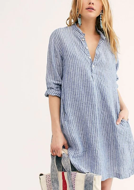 Cotton and linen stripe casual dress for lady