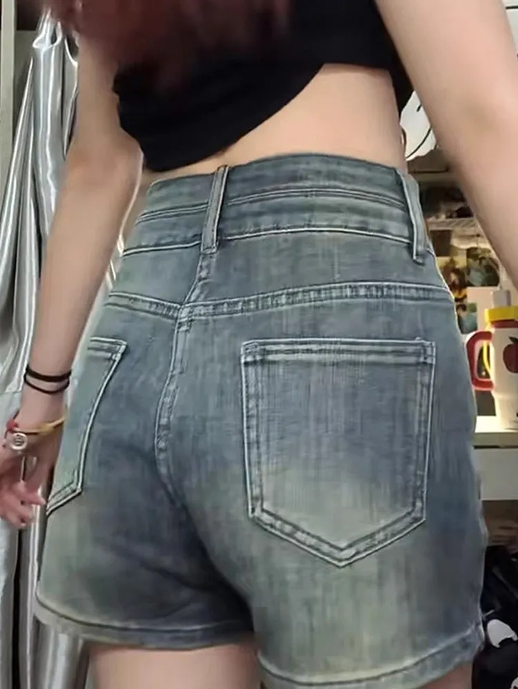 High Waisted Slimming Denim Shorts in Blue with Stretch and Pockets