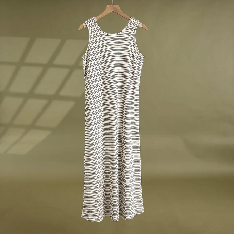 Women Summer Casual Sleeveless Stripe Cotton Dress