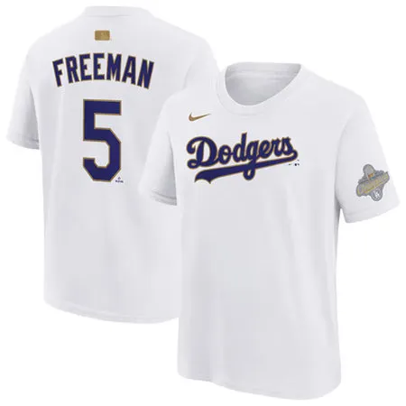 Men's Los Angeles Dodgers #5 Freddie Freeman Nike White 2026 Gold Collection Name & Number T-Shirt 5QA2