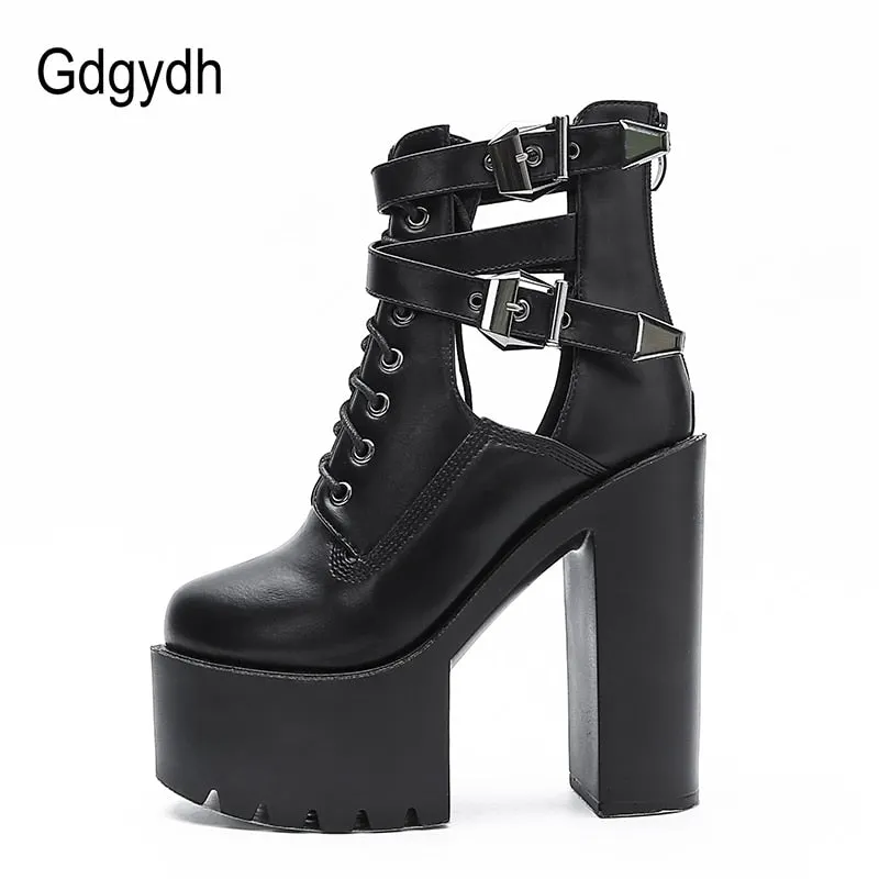 Gdgydh Sexy Buckle Womens Nightclub Shoes High Heels Hollow Out Ankle Boots Platform Heels Gothic Black Leather Short Boots Lady