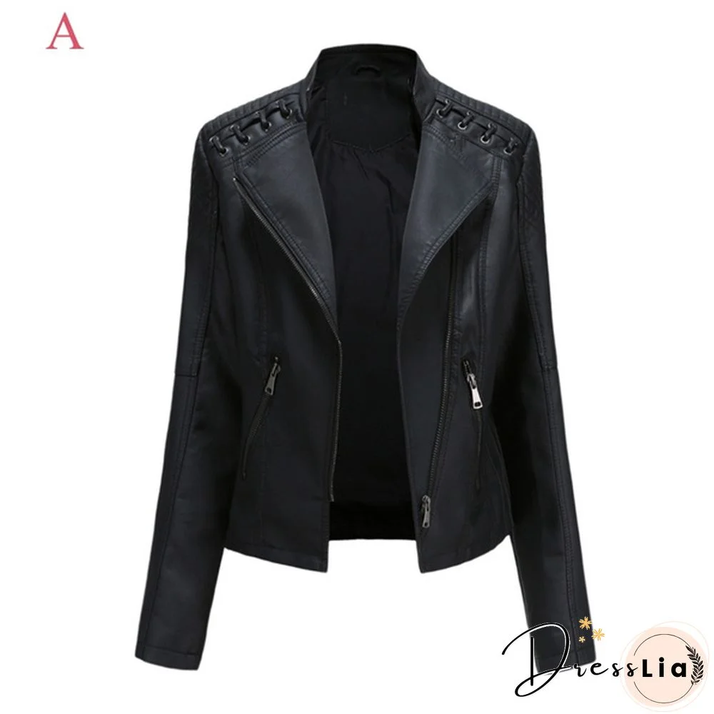 Ladies Fashion Spring and Autumn Short Slim Thin Leather Jacket Motorcycle Suit