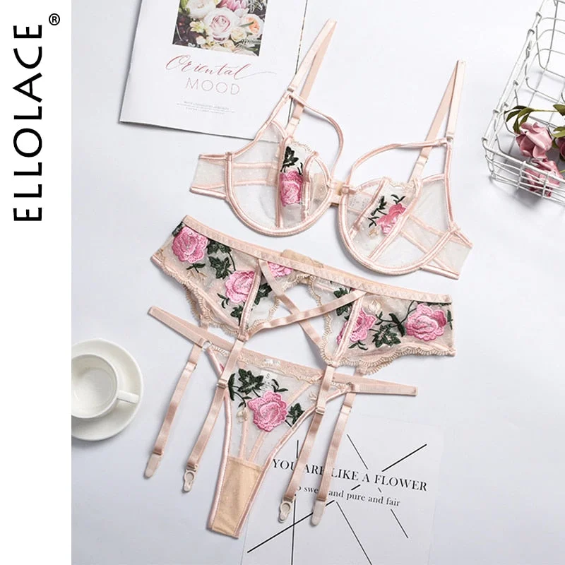 Ellolace Lingeie Women's Underwear Floral Embroidery Transparent Bralette Lingerie Set Sexy Female Underwear for Women Bra Set