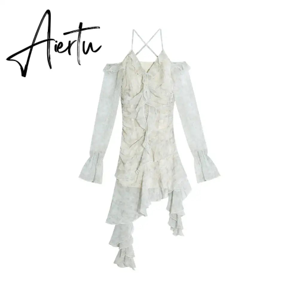 Aiertu Summer Long Sleeve Floral Fairy Dress Woman Beach Elegant Party Mini Dresses Casual Vintage One Piece Dress Korean Fashion Aiertu
