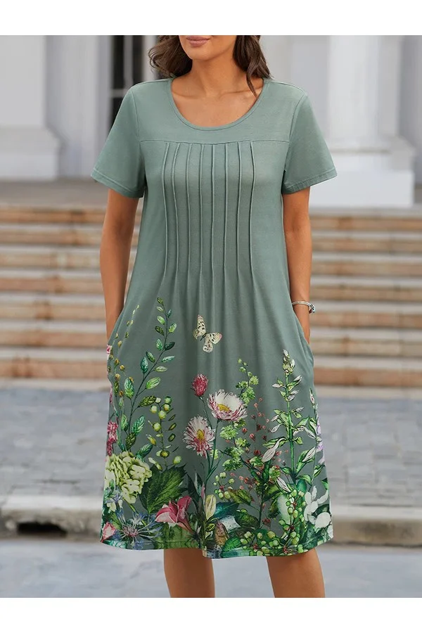 Casual Round Neck Short Sleeve Floral Printed Green Dresses