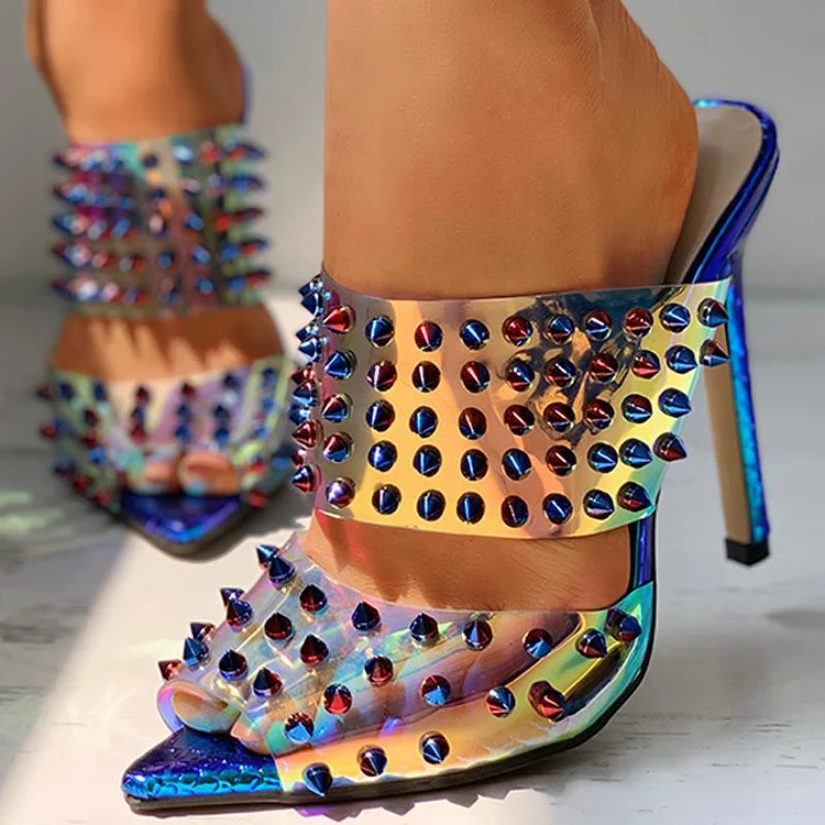 Women's Holographic Pointed Toe Studded Decor Heeled Mules |FSJ Shoes