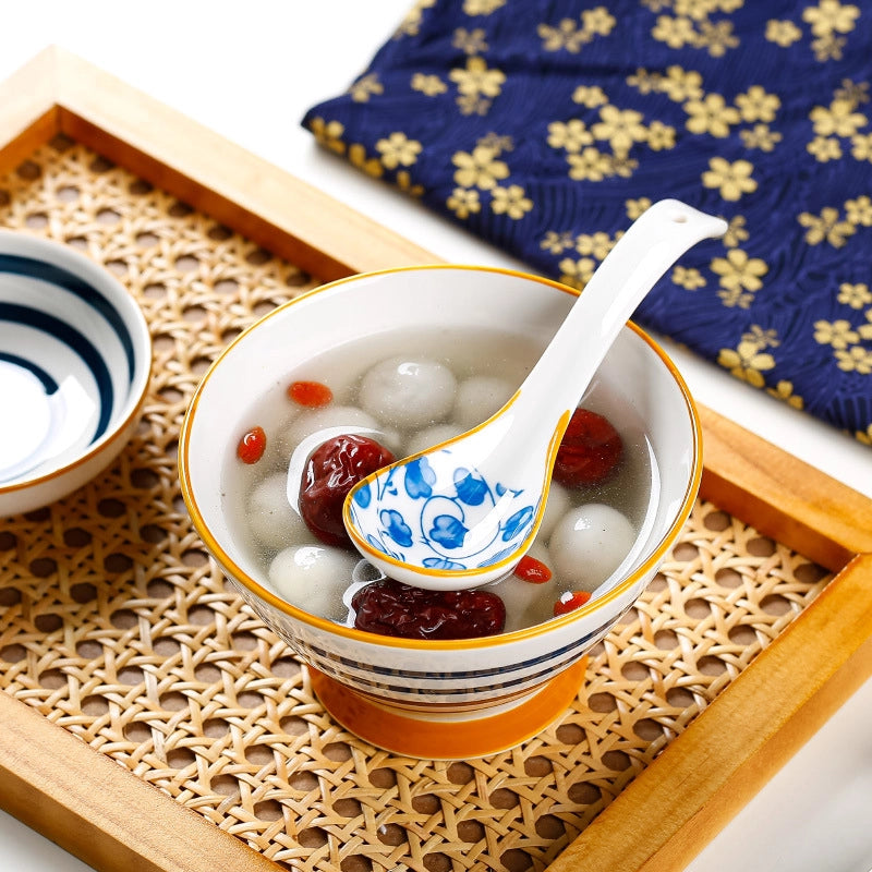 Japanese Style Small Soup Spoon Creative Blue And White Ceramic Spoon Household Thickened Curved Handle Anti-scalding Food Soup Spoon