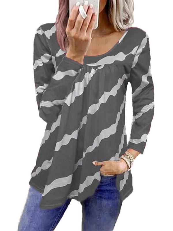 Women Long Sleeve Scoop Neck Striped Stitching Top