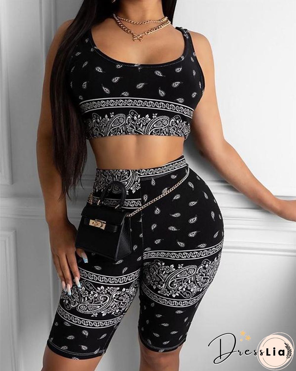U Neck Thin Strap Paisley Print Sporty Set