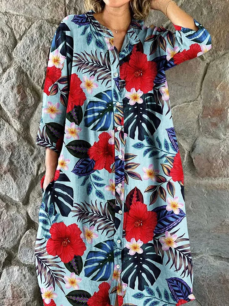 Women's Floral Art Print Elegant Simple Cotton Shirt Dress