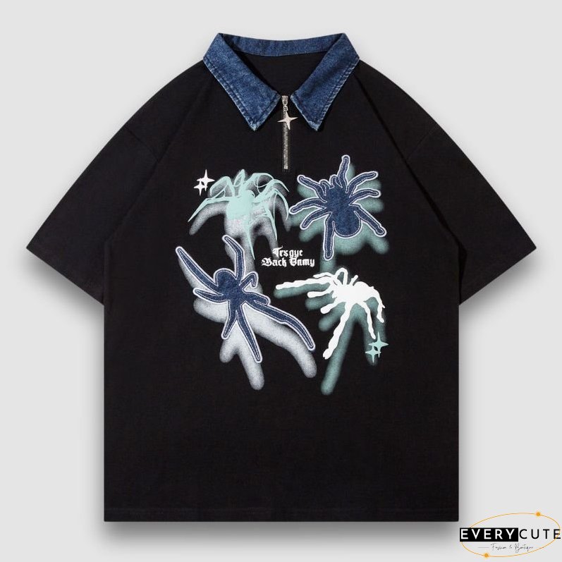 Spider Denim Patch Embroidered Lapel Tee