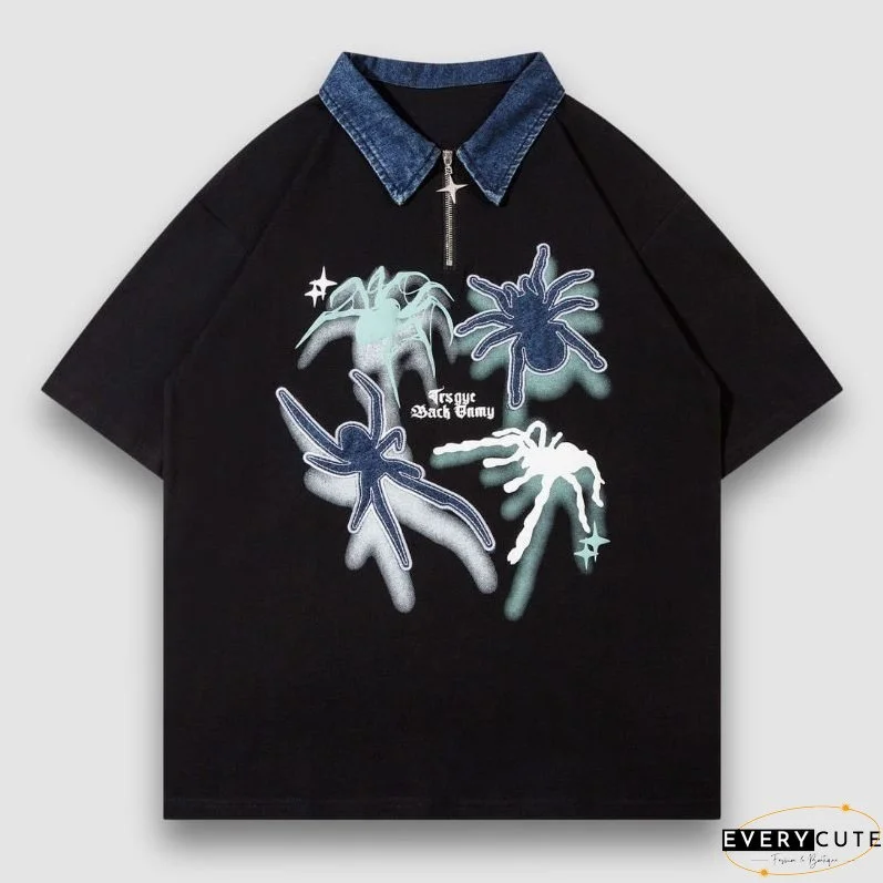 Spider Denim Patch Embroidered Lapel Tee