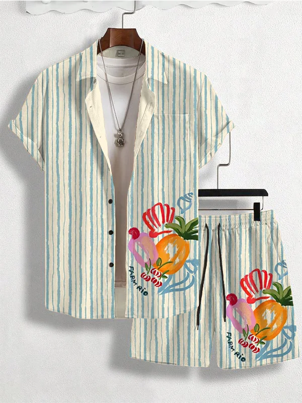 Men's Funny Holiday Stripes Print Short Sleeve Shirt Set