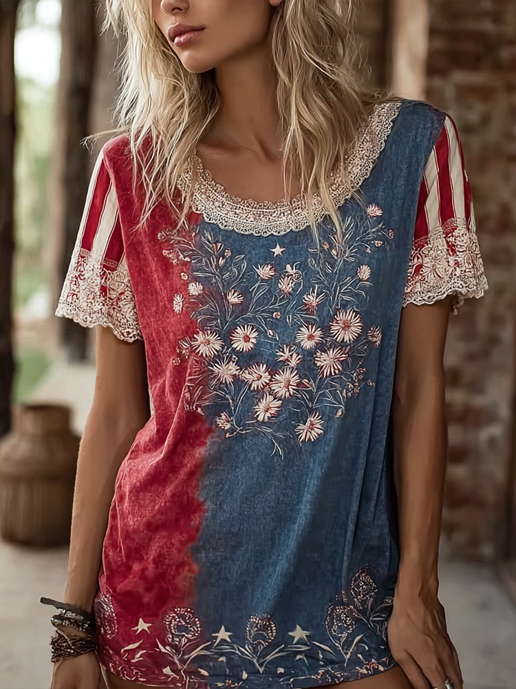  Women's Retro American Flag Element Plant Flower Embroidery Design Short Sleeve Dress Westsshops