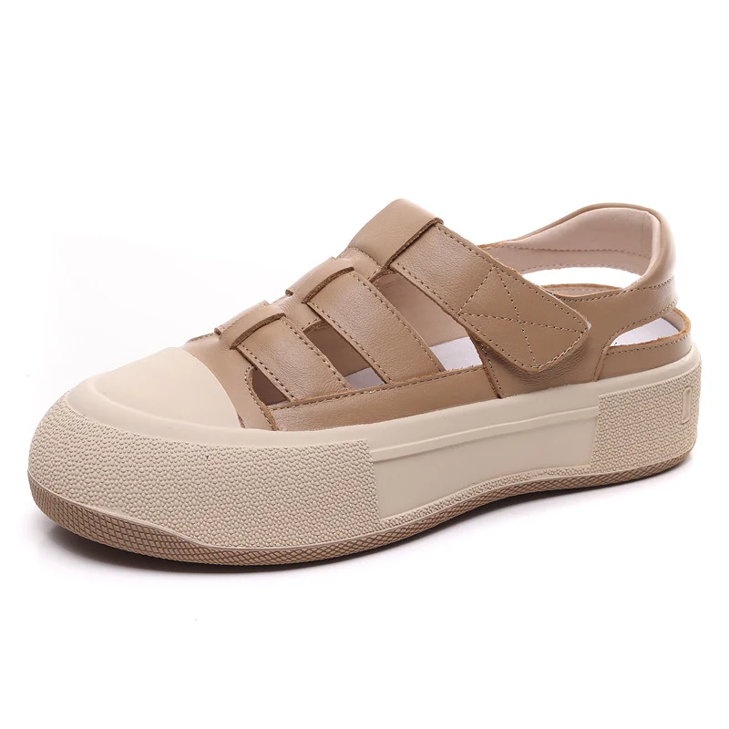 Yyvonne To 99] Leather Sports Sandals Women Wearing Women Wearing Women's Coats Magic Sticker Flat Leather Roman Thick Bottom