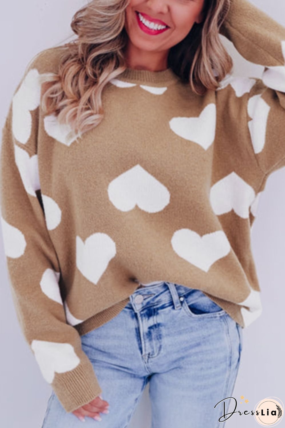 Heart Round Neck Long Sleeve Sweater