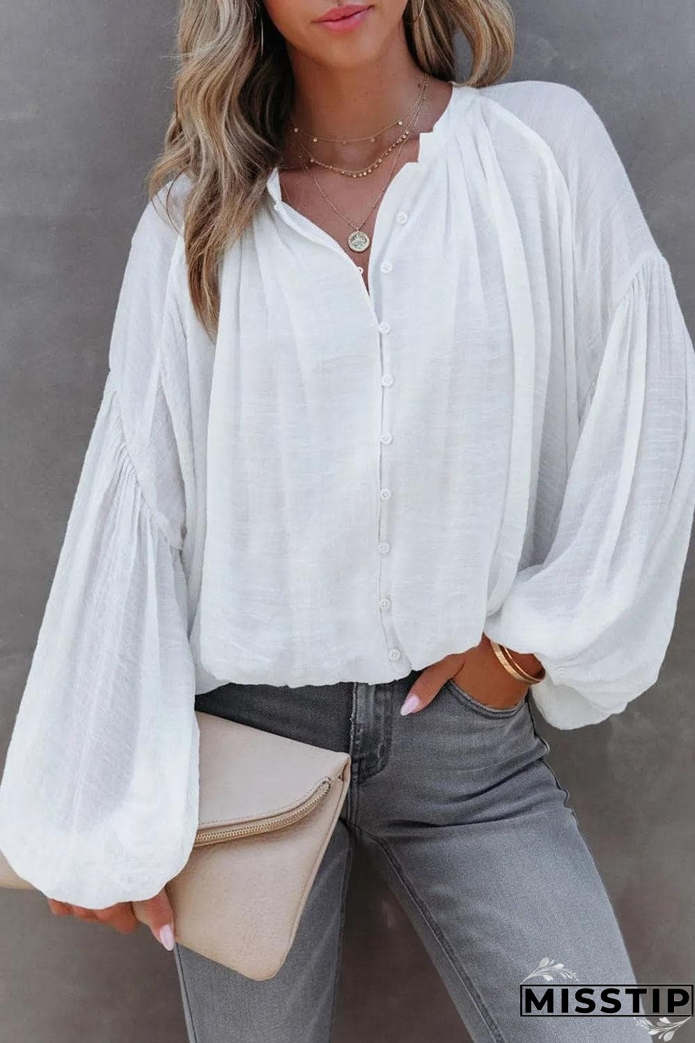 White Solid Color V Neck Balloon Sleeve Shirt