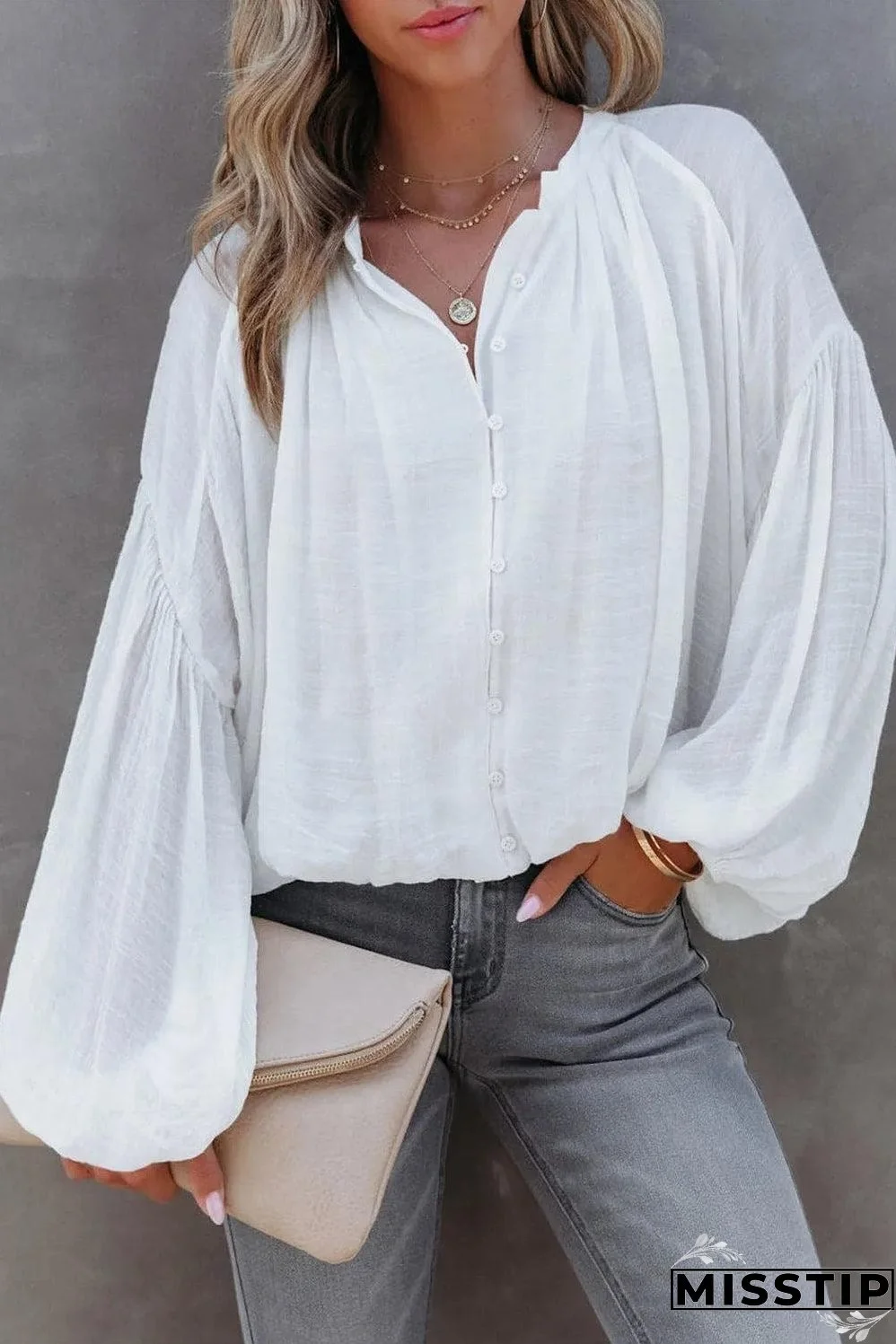 White Solid Color V Neck Balloon Sleeve Shirt