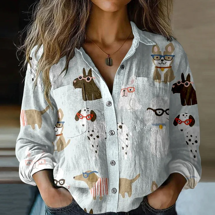 Women's Vintage Cute Dogs Pocket Shirt