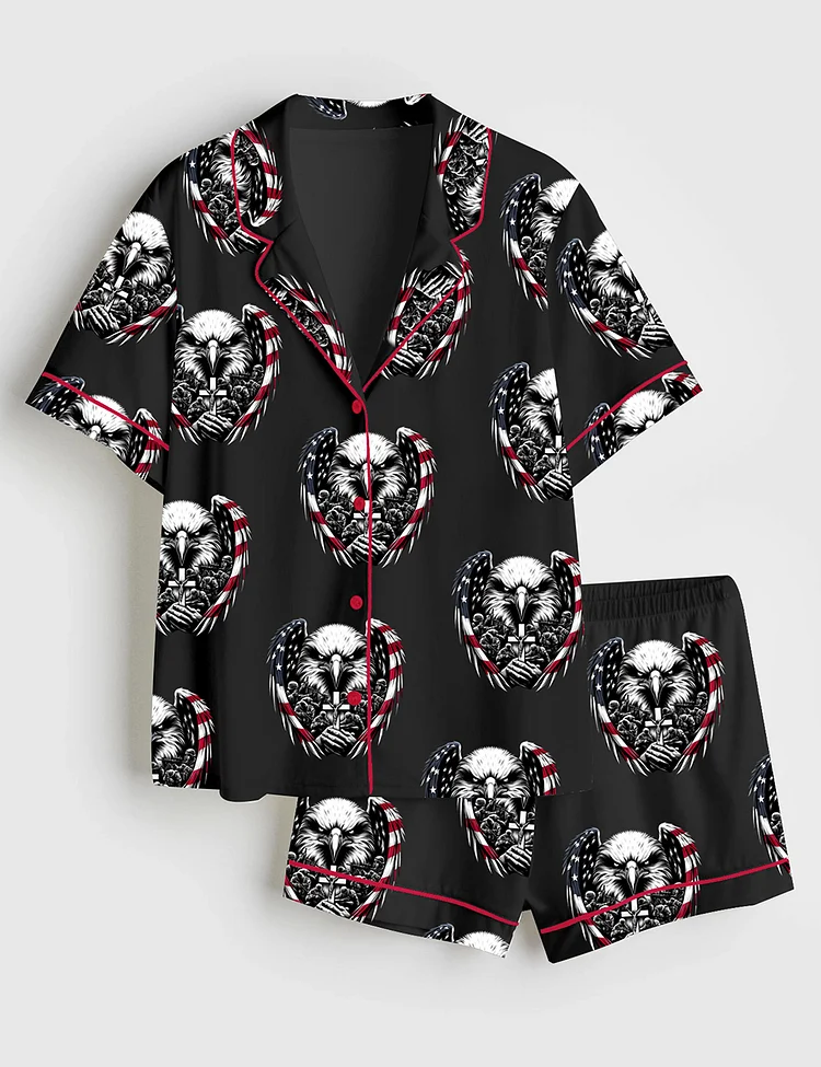 Women&rsquo;s American Flag Eagle 4th Of July  Eagle Through Flag Memorial Day Print Short Sleeve Satin Pajama Set