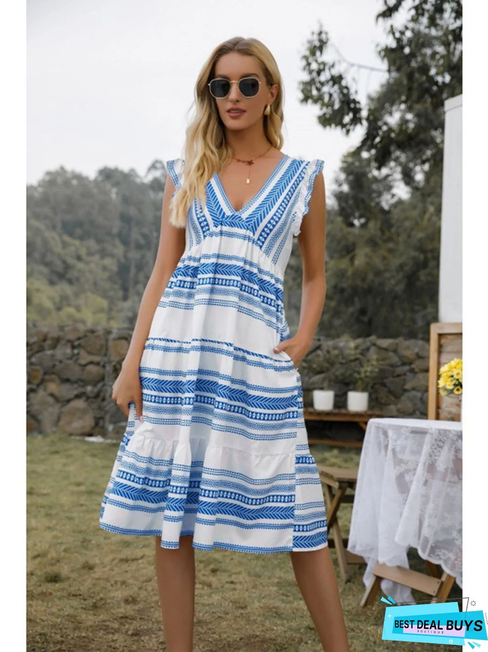 Bohemian V-Neck Pocket Striped Dress
