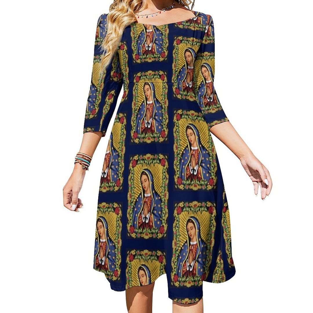 Our Lady Of Guadalupe Pretty Southwest Dress Sweetheart Tie Back Flared 3/4 Sleeve Midi Dresses
