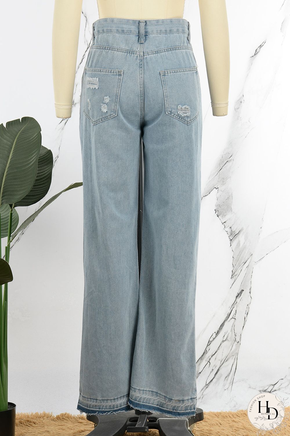 Sky Blue Street Solid Ripped Make Old Patchwork High Waist Denim Jeans