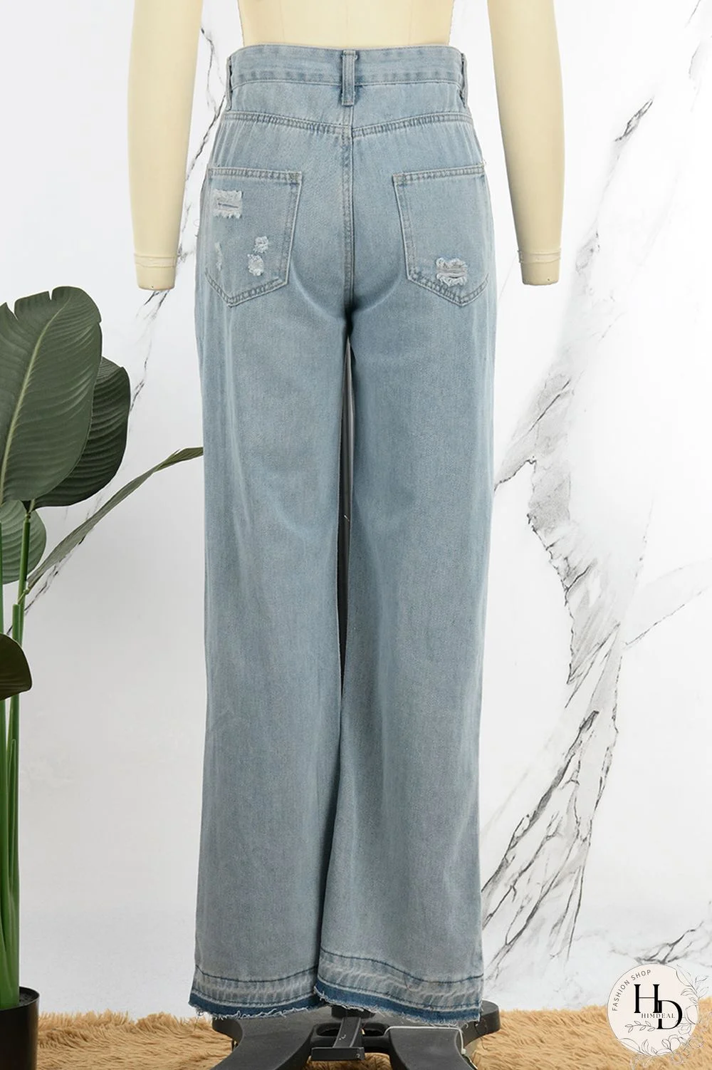 Sky Blue Street Solid Ripped Make Old Patchwork High Waist Denim Jeans